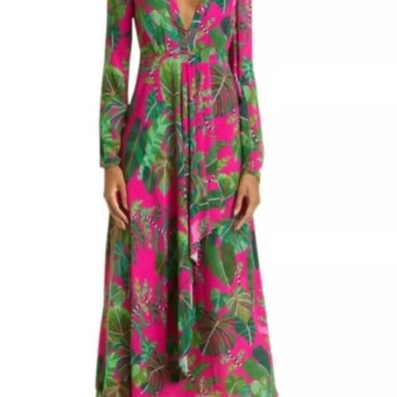 BRAND NEW! $260 FARM RIO Red Dream Garden Long Sleeve MAXI DRESS Size M - Picture 3 of 6